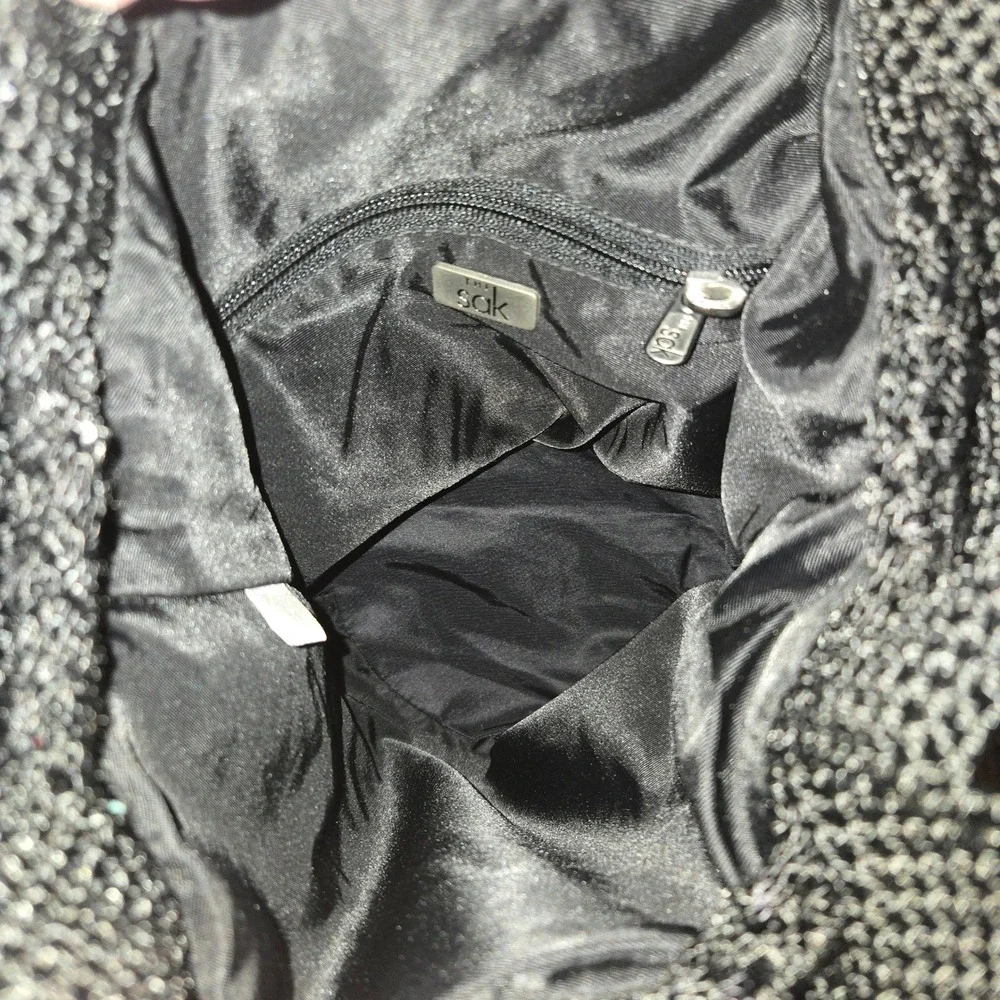 The Sak Black Crochet Front Pocket Drawstring‎ Bucket Bag Backpack 12